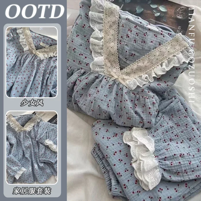 Cloud Cotton Nightgown Women's Loose Long Sleeve V-Neck Home Clothes Two-Piece Set Spring Autumn Comfortable Breathable Sleep...