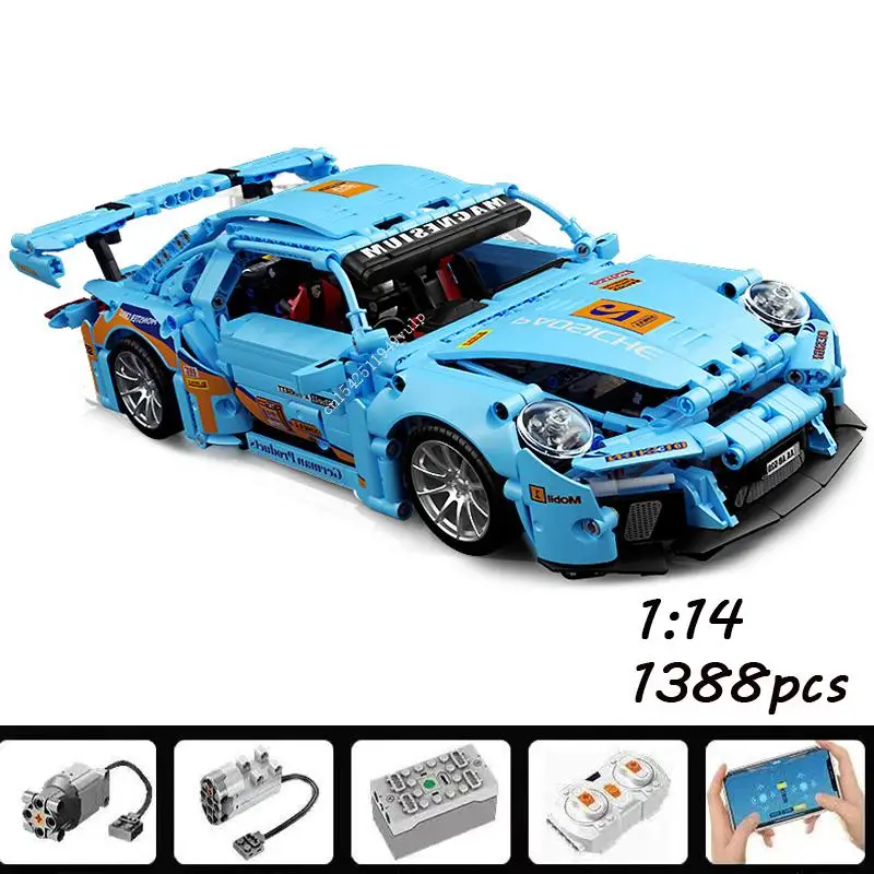 

Technical Remote Control Blue Porscheed 1:14 Power Building Blocks Bricks Super Fast Racing Car Educational Toys Vehicles Models