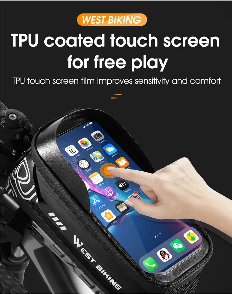 WEST BIKING Bicycle Top Tube Bag 2.2l Large Capacity Waterproof Bicycle Front Frame Bag Touch Screen 7.4 Inch Phone Holder