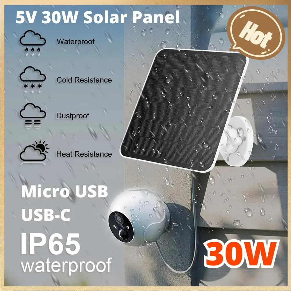 10/30W Solar Panel Micro USB & USB-C Port Solar Charging Panel 9.8 Ft Charging Cable 360°Adjustable Mounting for Security Camera