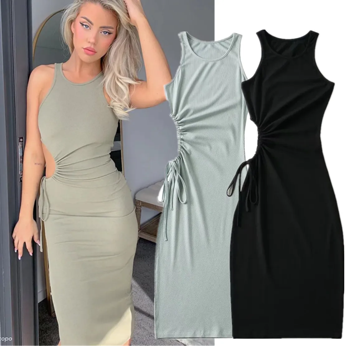 

Withered 2024 Ins Fashion Blogger Sexy Bandage Sheath Knitted Dress Women Hollow Out Tank Dress