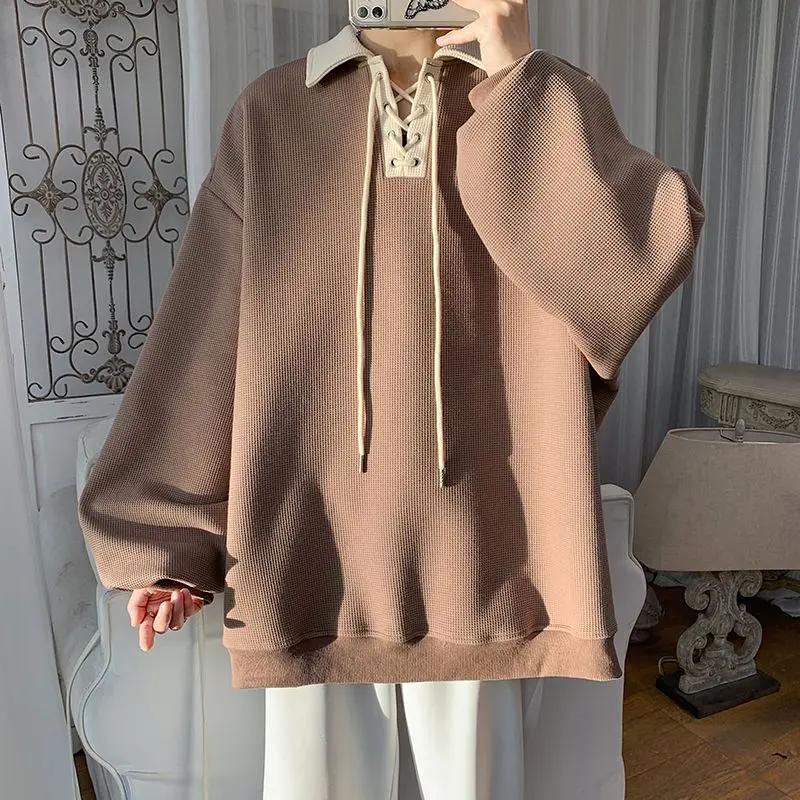 

Oversized Sweater for Men and Women Couples Spring and Autumn Waffle Polo Shirt Trendy Brand Ins Hong Kong Style Loose Coat Top