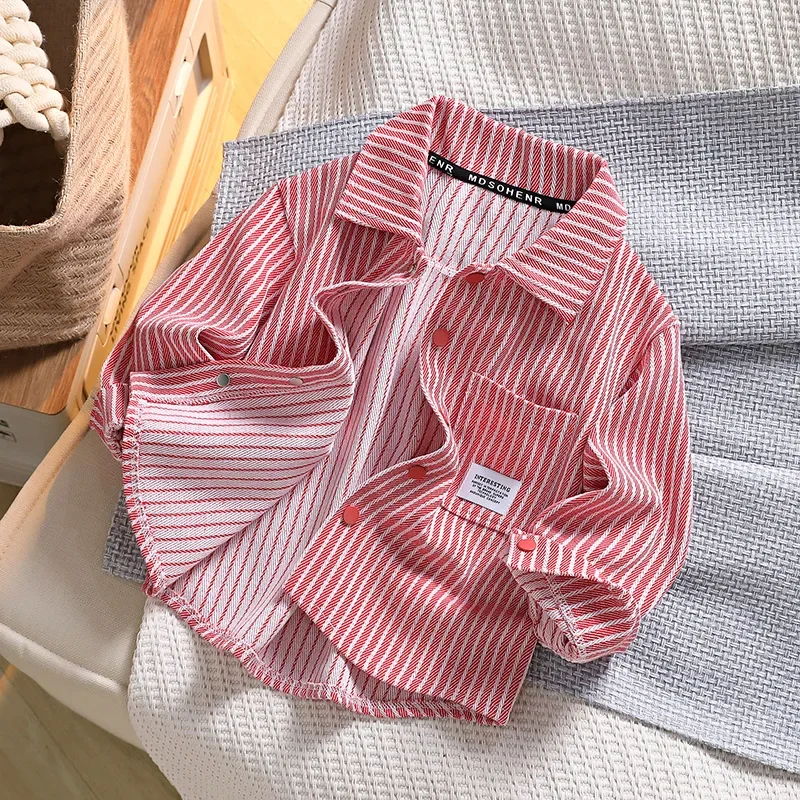 Stylish Children's Striped Shirt New Spring/Autumn Trendy Jacket Lapel Long Sleeve Streetwear For Boys Aged 10-16