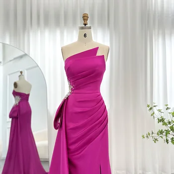 Elegant Mermaid Long Fuchsia Evening Dresses 2023 Arabic Overskirt Side Slit Women Wedding Formal Party Gowns SCZ191 2