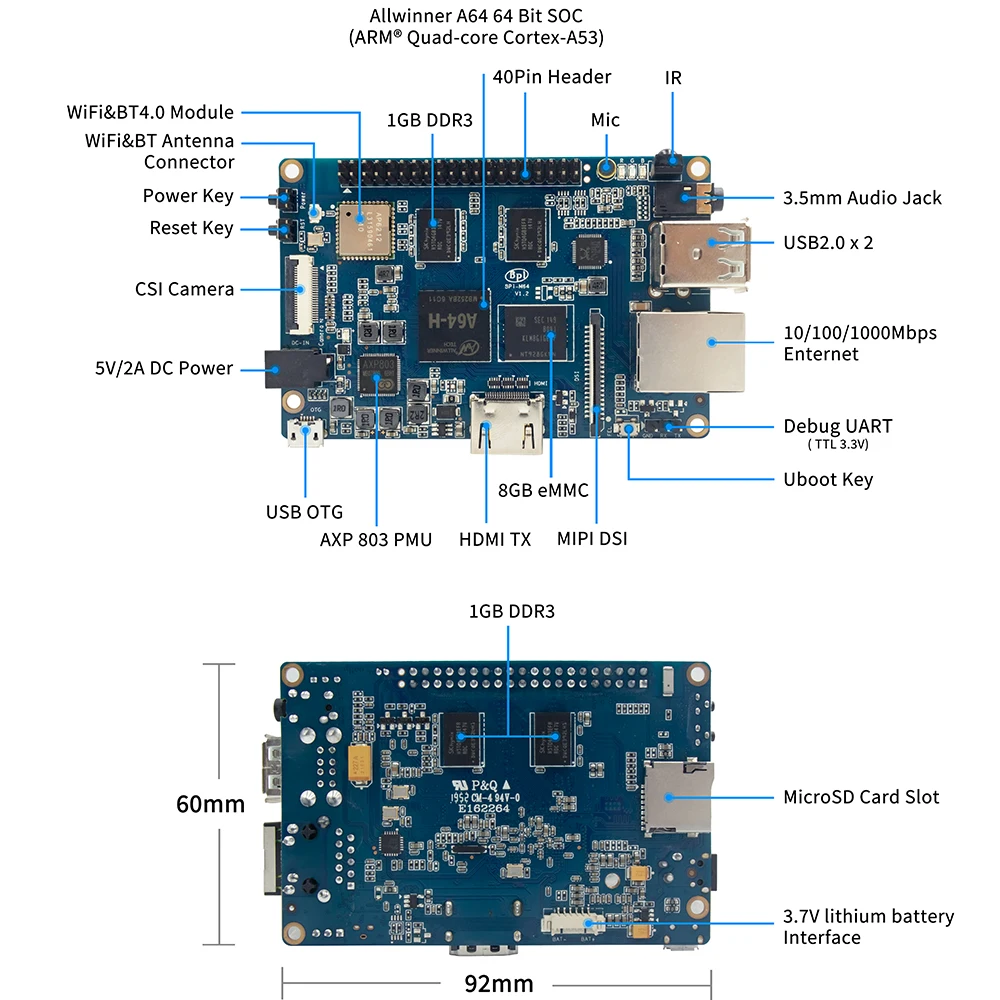 Smartfly ٳ  BPI-M64  ھ SBC,  A64, 1.2 Ghz  ھ ARM Cortex A53, ȵ̵     , 64 Ʈ