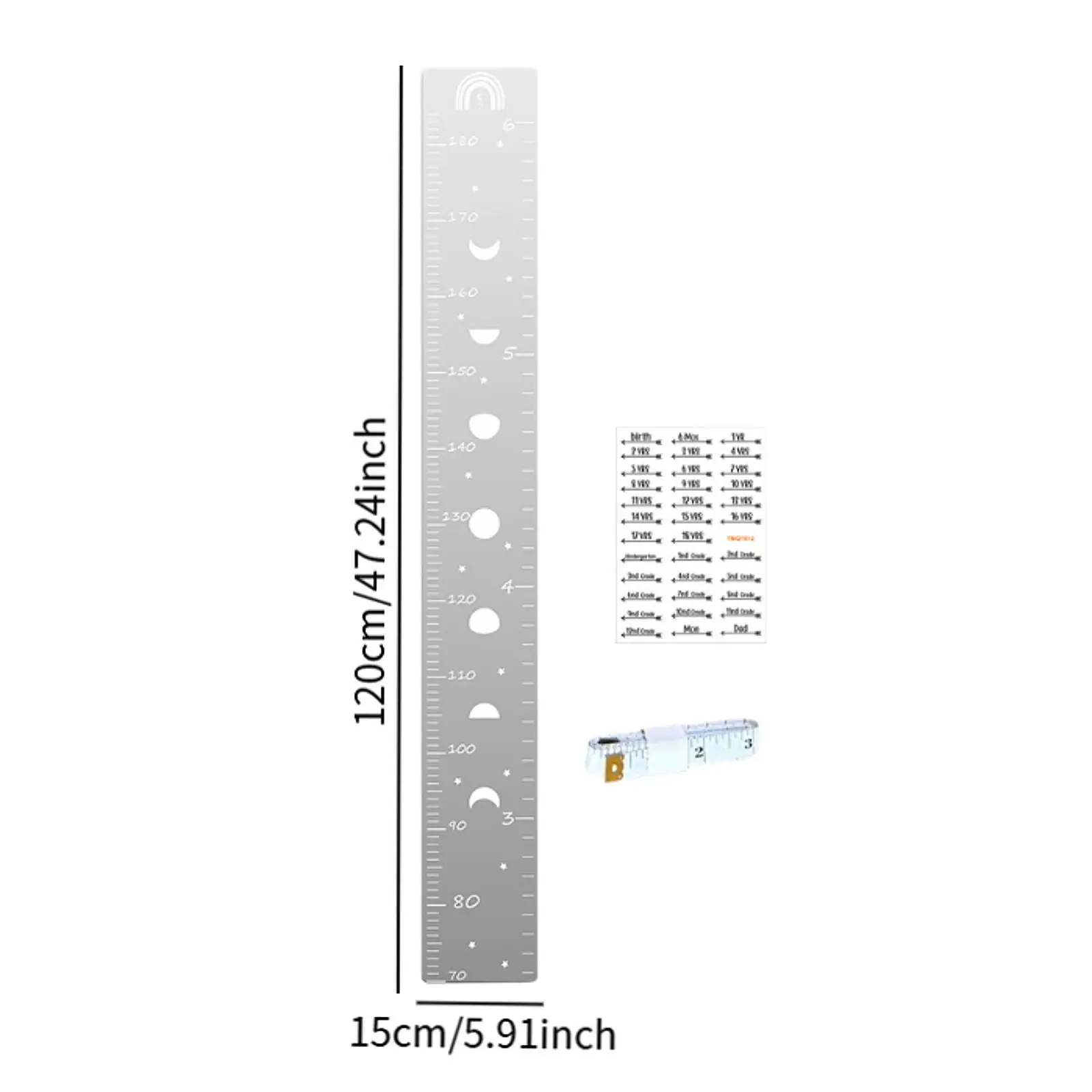 Acrylic Growth Chart for Kids Mirror Height Ruler 47.2x5.9 Inch for Bedroom Easy Install Wall Decor