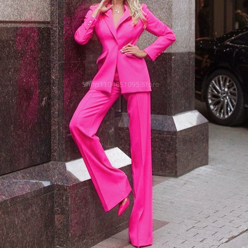 Red Women's Stylish Slim Fit Suit Single Breasted Peak Lapel 2-Piece Jacket Pants Business Formal Occasion Female Clothing