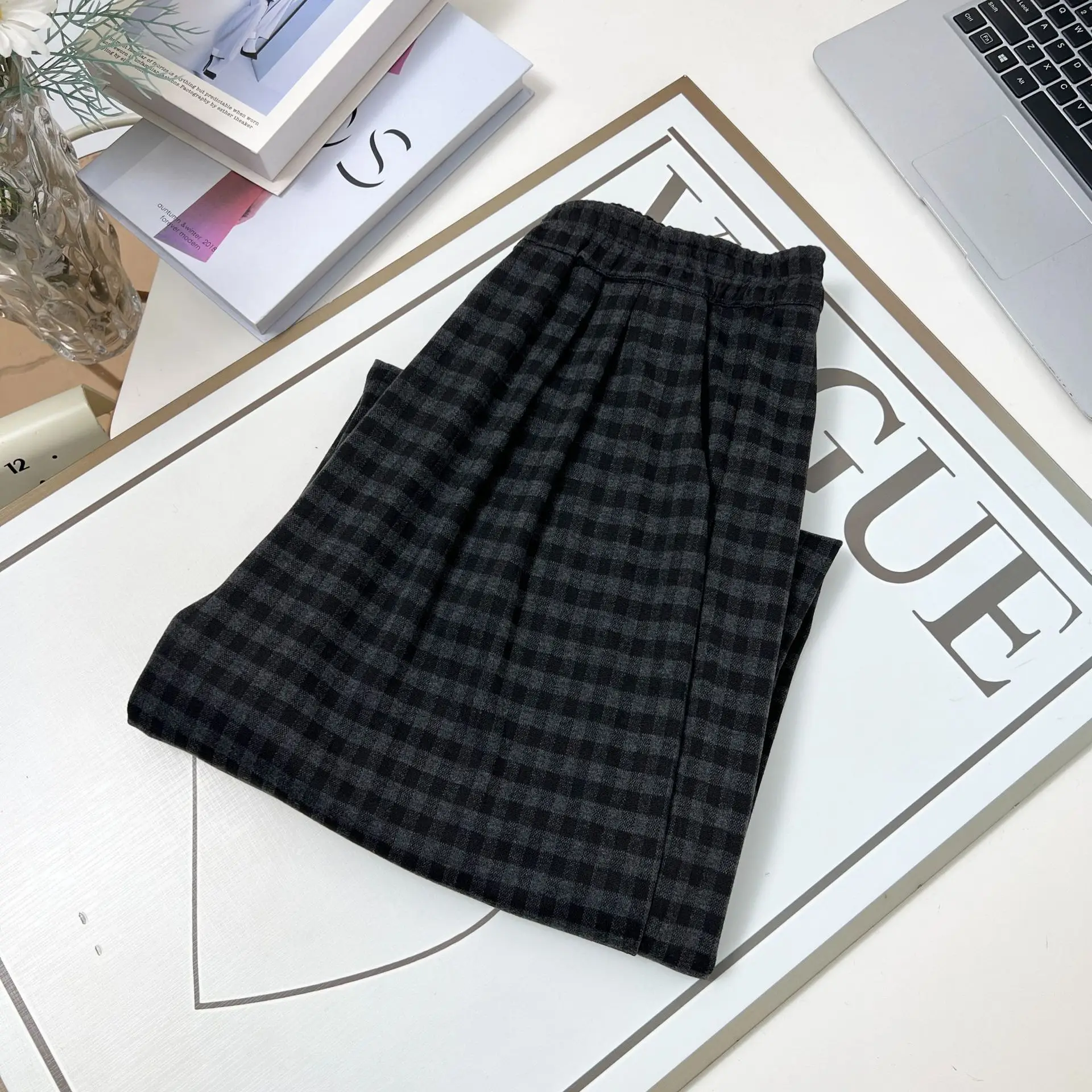 XXXXL Fashion Plus Size Women's Straight Pants New Autumn Simple Style Wide Leg Casual Plaid wide leg Trousers