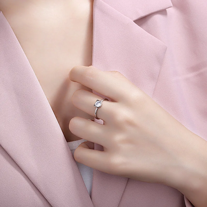 Silver Stainless Steel CZ Cat Rings for Women Personality Cute Cat Open Ring Creative Jewelry Party Gift