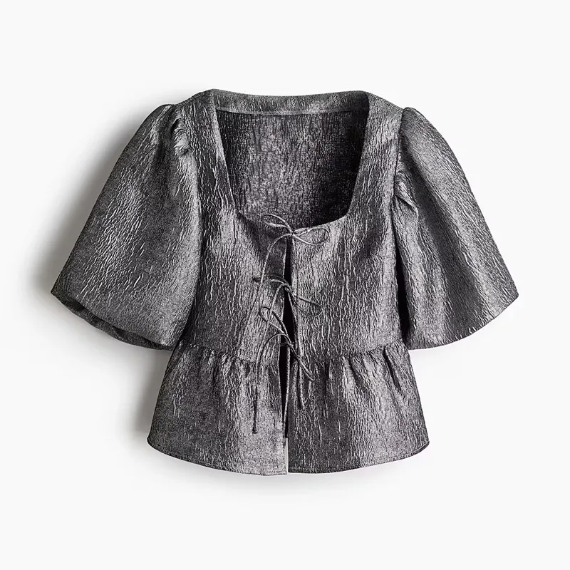 Elegant Square Collar Crop Blouses Women Lace Up Puff Short Sleeve Shirts 2025 Spring Summer Lady All-match Hollow Out Tops New
