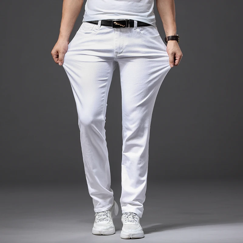 

Pantalones vaqueros blancos para hombre, pantalón informal, estilo clásico, ajustado, suave, elástico, de marca avanzada
