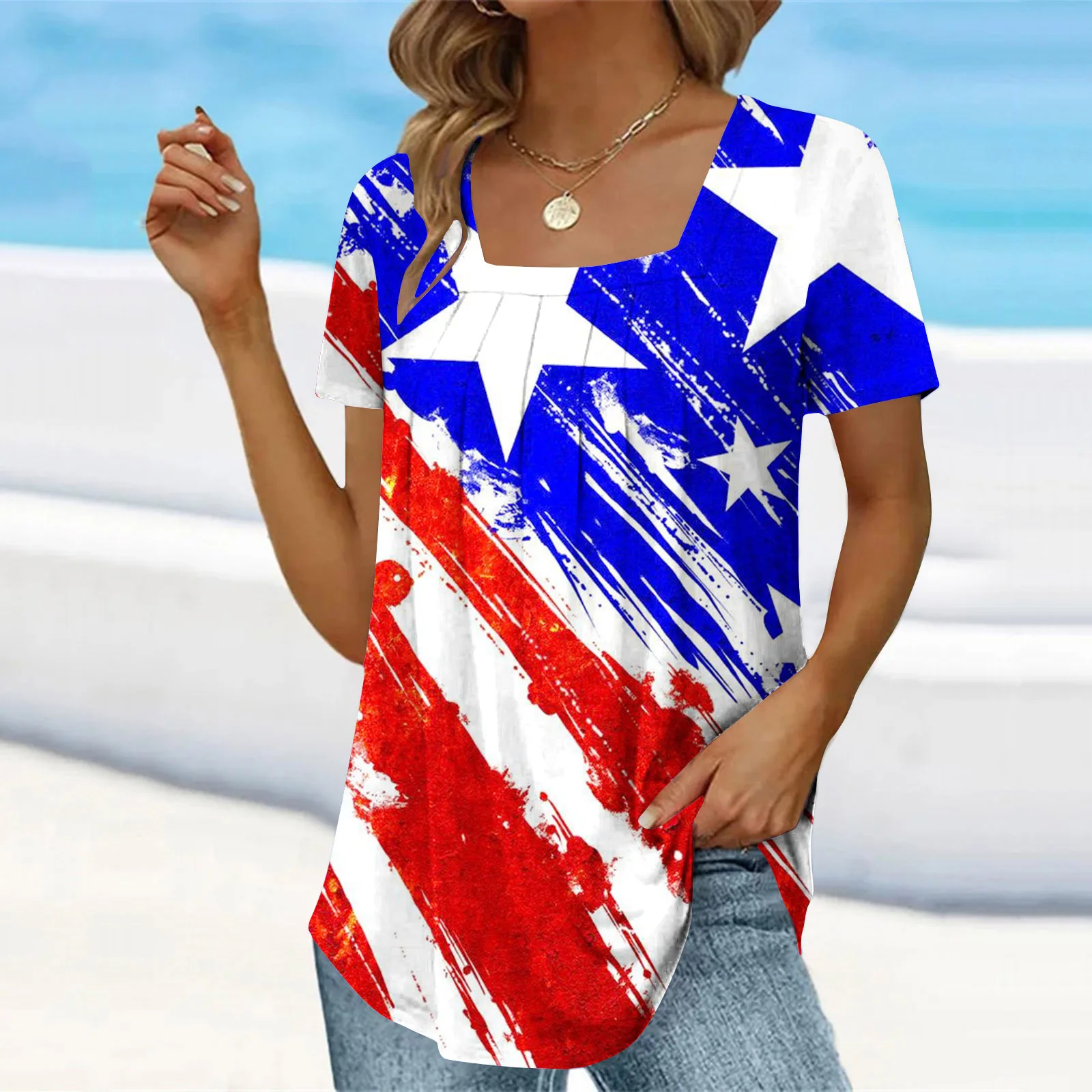 

Summer Women's 2023 Color Pleated Sexy Square Neck T-Shirt Fashion Casual Short Sleeve Loose Plus Size Commuter Top