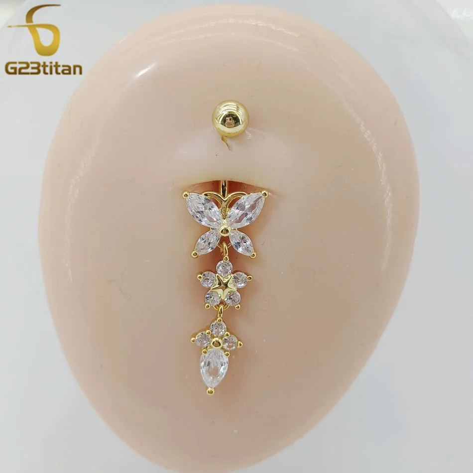 Belly Button Ring Jewelry G23titan CZ Zircon Butterfly Dangle Belly Button Ring 14G Titanium Barbell Navel Bar Body Piercing Jewelry Women Sex Accessories