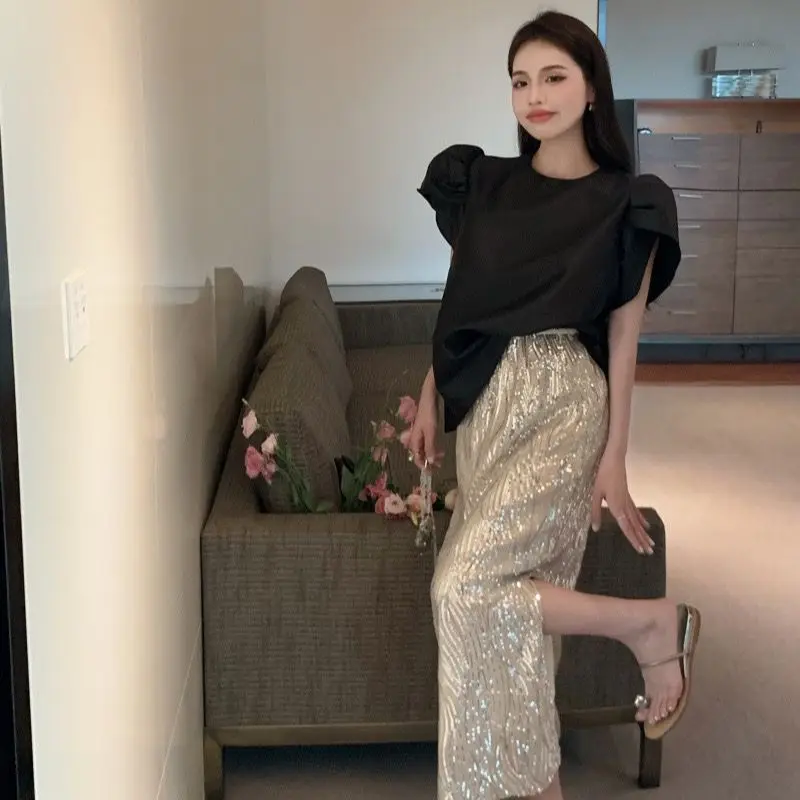 2024 Summer Retro Black Bubble Sleeves Short Sleeved Shirt Sequin Wrapped Hip Skirt 2-piece Set