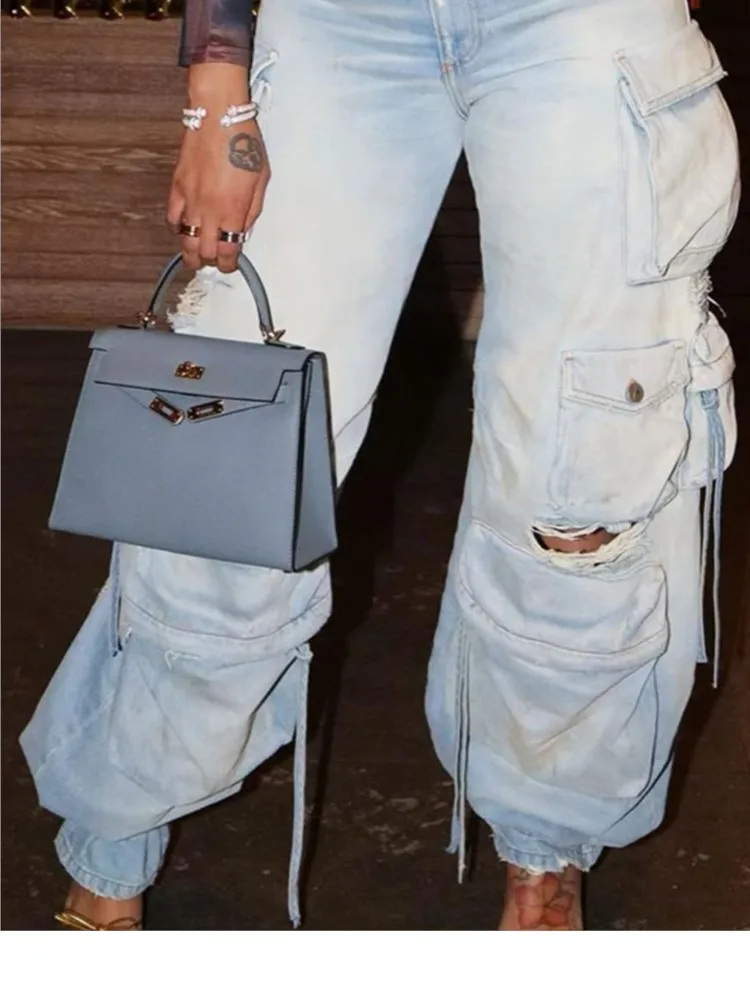 

Women Safari Style Ripped Out Drawstring Hem Elastic Waist Multi Pocke Denim Pants 2023 INS Fashion Cargo Jeans Trousers