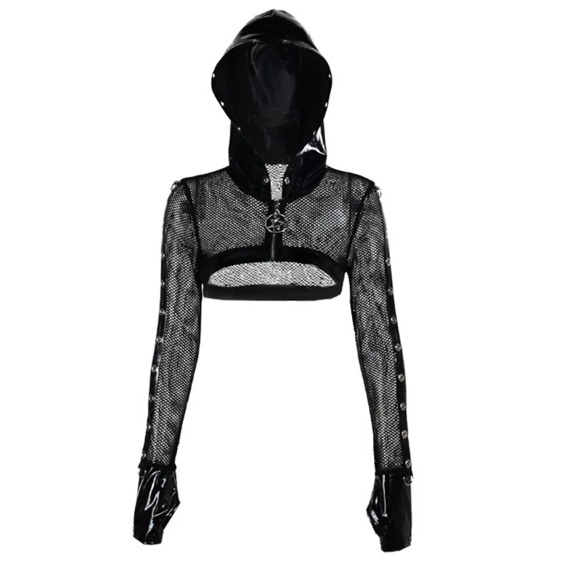 Black Gothic Crop Top Womens Hoodie Punk Sweatshirt Hooded Pullover Zipper Tops P8DB