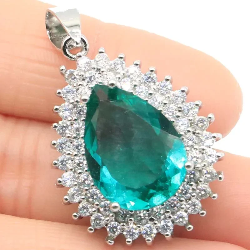 

6g Real 925 Solid Sterling Silver Pendant Drop Shape Alexandrite Topaz Zultanite Blue Aquamarine Pink Kunzite Green Emerald CZ