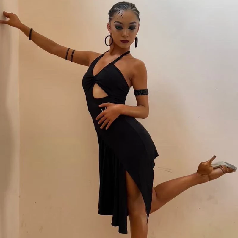 

Женское платье для латиноамериканских танцев, черное асимметричное платье с открытой спиной, костюмы для выступлений, модель DQS12963, 2023
