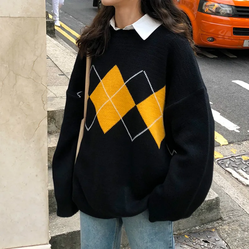 

3 Colors Korean Style Women Winter Tops Female Casual O-Neck Geometric Type Long Sleeves Pullover Knit Knitted Oversize Sweater