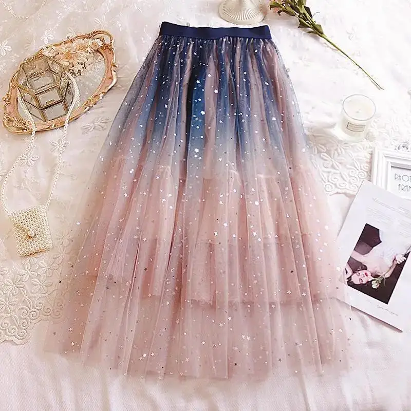 Skirts 2022 Summer Tulle Skirt Star Sequin skirt High Waist  long Skirt Pink White Evening Party Sexy Skirt Women falda sparkling skirt black skirt