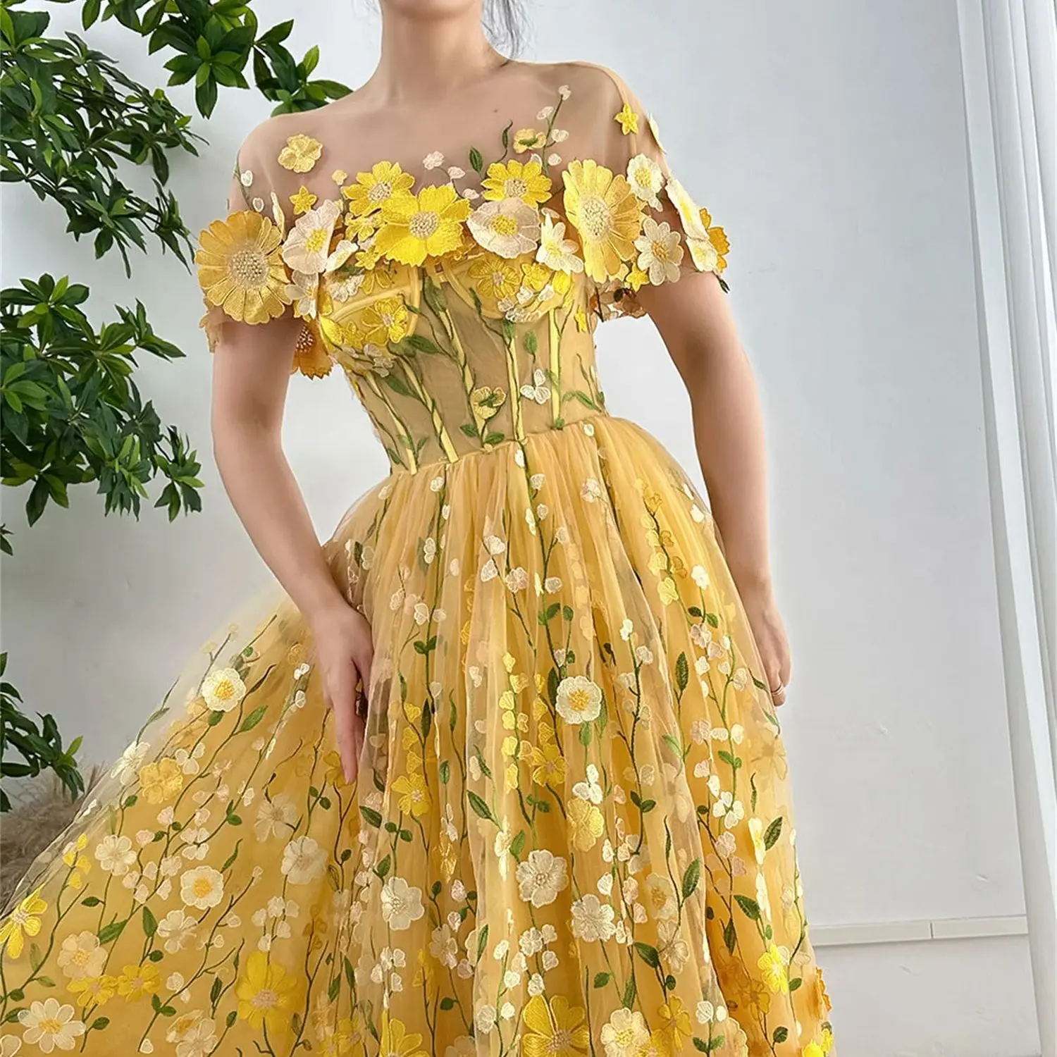 

Aileen A-line Applique Embroidery Yellow Prom Gown Formal Dress Women Elegant Party Vintage Dresses Woman Ball Gowns Evening