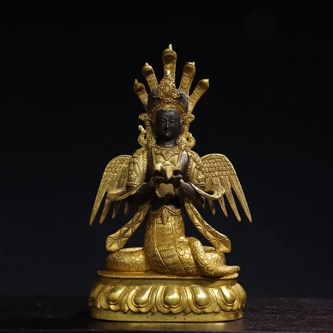 

10"Tibet Temple Collection Old Bronze Gilded Cinnabar Nagarjuna Buddha Lotus Platform Five Snake Head Bbacklight Worship Hall