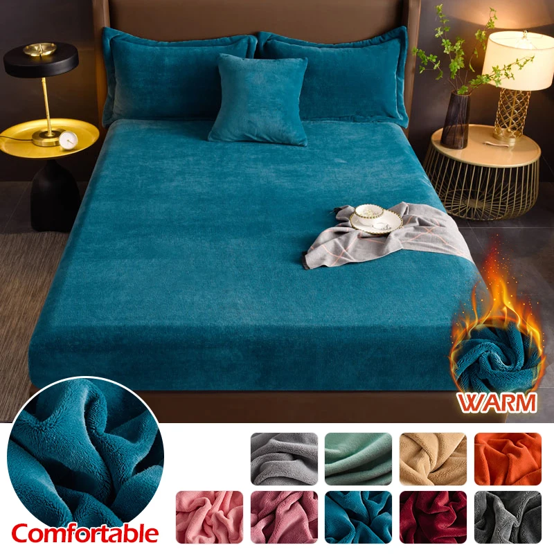 Mattress Cover Velvet Bed Cover Winter Warm Fitted Sheet Elastic Fluffy Couple Luxury Double Bed