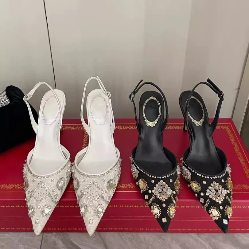 

Spring/Summer New Pointed Mesh Water Diamond Sequins Single Shoes Thin High Heels Banquet Dress Large and Small Women's Sandals