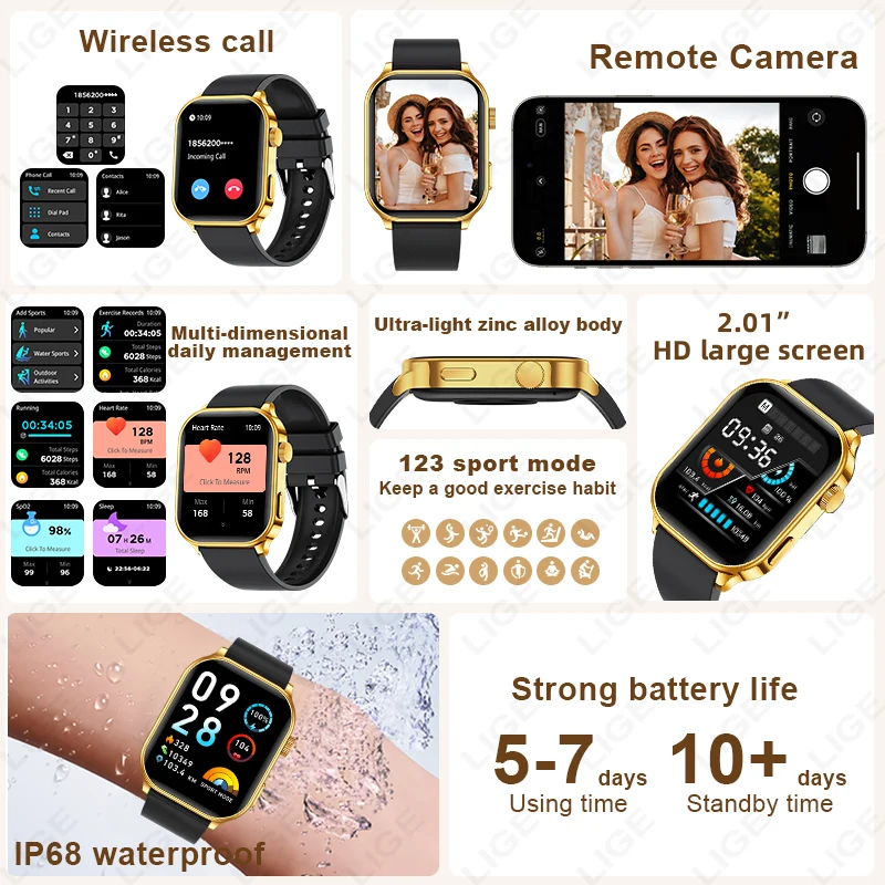 LIGE Voice Calling Smart Watch Men Women 2.01 Inch Ultra Blood Pressure Health Monitor 100+ Sports Fitness Bluetooth Smartwatch