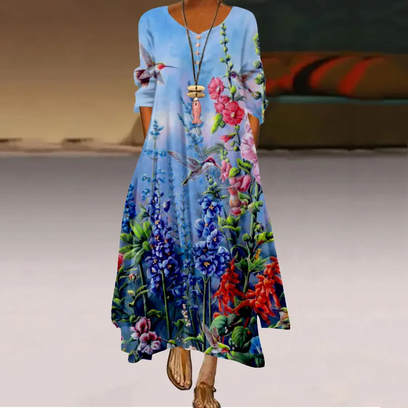 Vintage 3D Floral Print Dress Women Fashion 2022 Spring O-neck Long Sleeve Loose Dress Elegant Casual Lady Maxi Dresses Vestido camisole