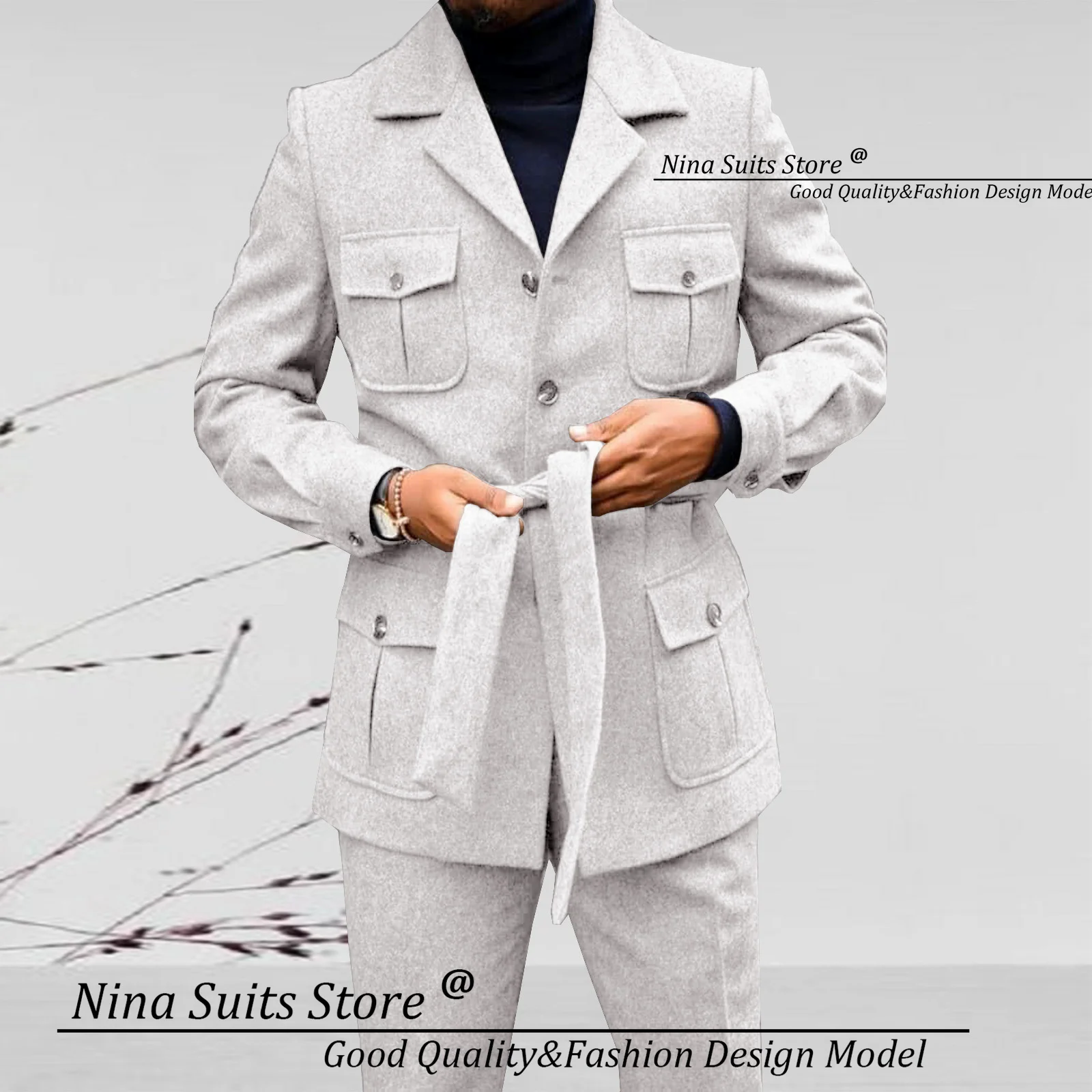 Gwenhwyfar Winter Blazer Pants set Men Party Tuxedos White Grey Tweed Formal Men Suits Made Business Suits with Belt