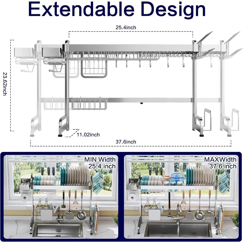 Large Over Sink Dish Rack: Full Stainless Steel Dish Drying Rack Over The Sink Adjustable (25.6-37.6in) Width Kitchen Organizers