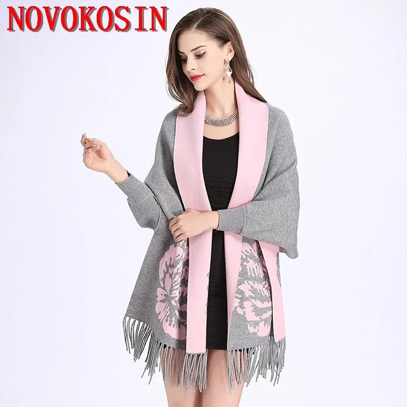 16 Colors Oversize Scarf Winter Knitted Floral Poncho Capes Women Print Designer Female Long Sleeves Wrap Out Street Shawl Coat 2022 oversize cloak winter faux fur collar women plaid designer poncho female batwing sleeves warm loose street coat