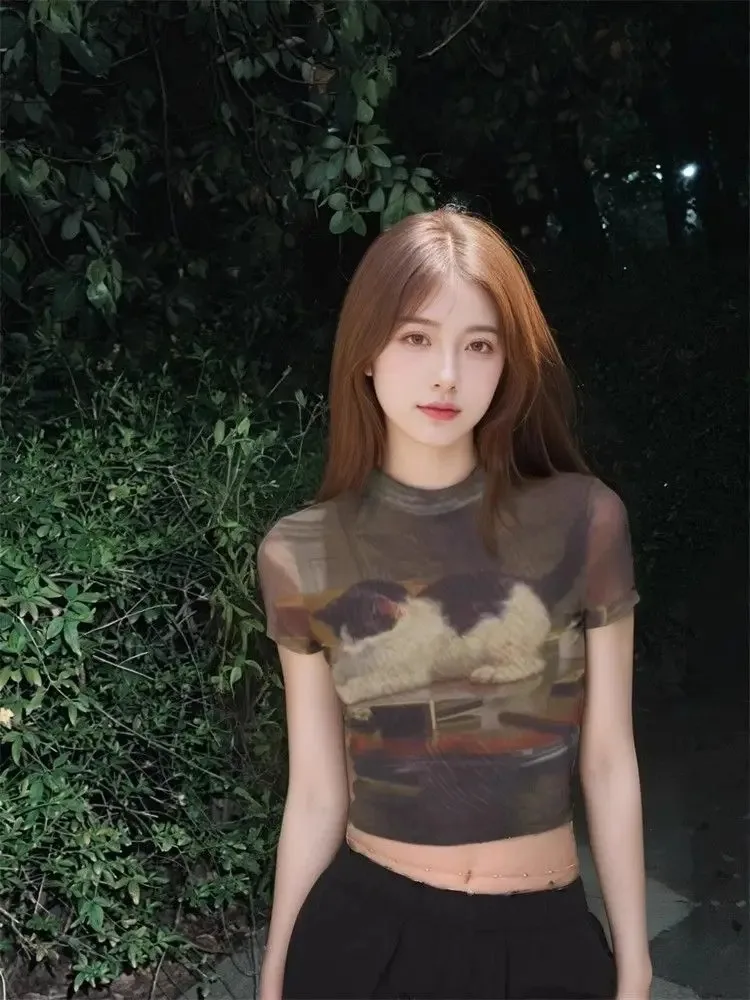 Kimutomo Y2k T Shirts Women Vintage Sexy Cartoon Cat Printed Short Sleeve Spring Summer Half High Collar Crop Tops Gothic Tshirt 3