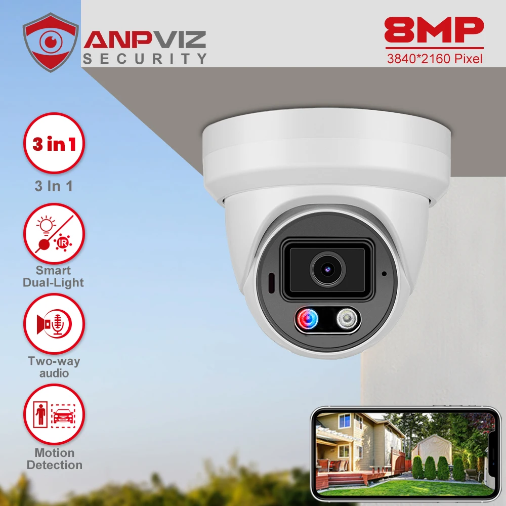 Anpviz 8MP POE IP Turret Camera Smart Dual Light Outdoor ColorVU CCTV Video Surveillance Sound Light Alarm Human/Car Detection