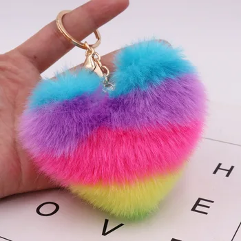 15x10cm Colorful Key Chain For Women Fashion Gifts Fur Keychain Fluffy Faux Rabbit Key Chain Keyring Car Bag Heart Pendant 2