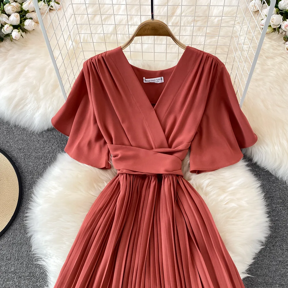 Women Elegant Pleated Dress Summer Short Sleeve V-neck Vintage Dresses Ladies A Line High Waisted Midi Dress