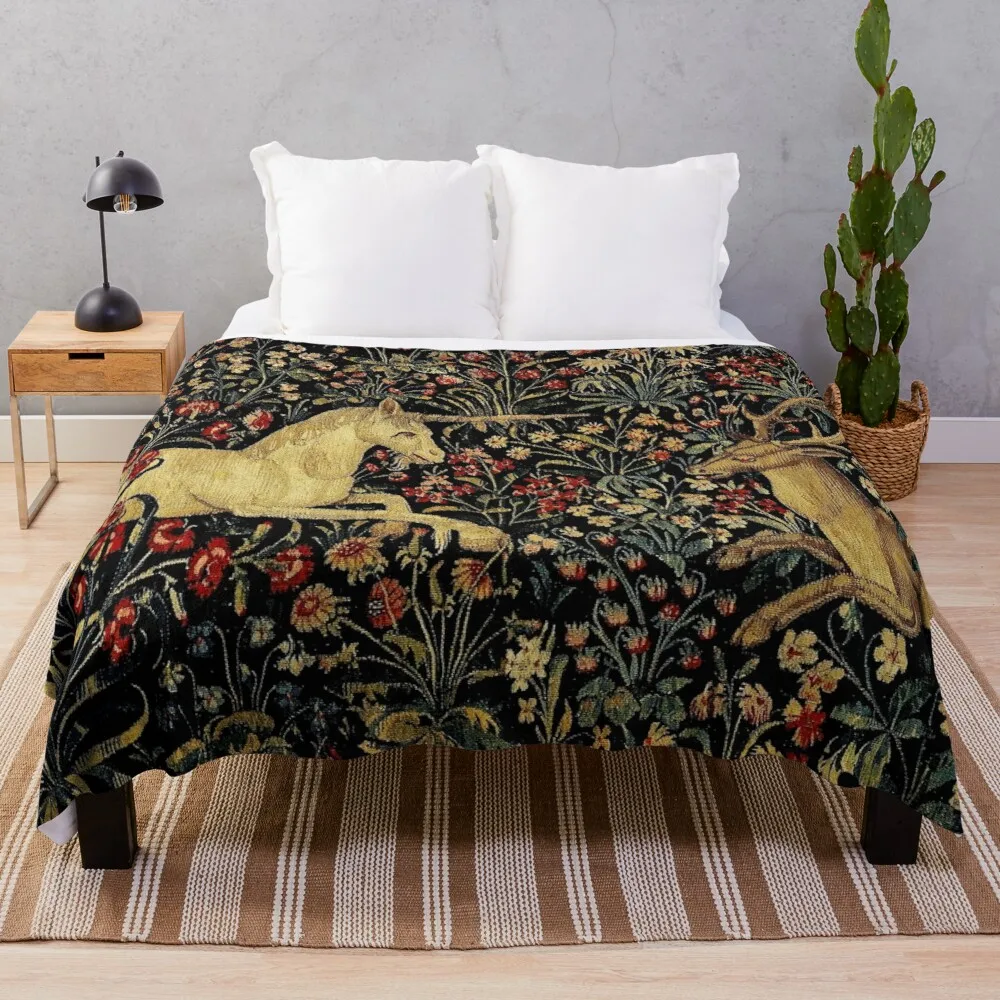 

Medieval Unicorn Midnight Floral Tapestry Throw Blanket Fur Blankets