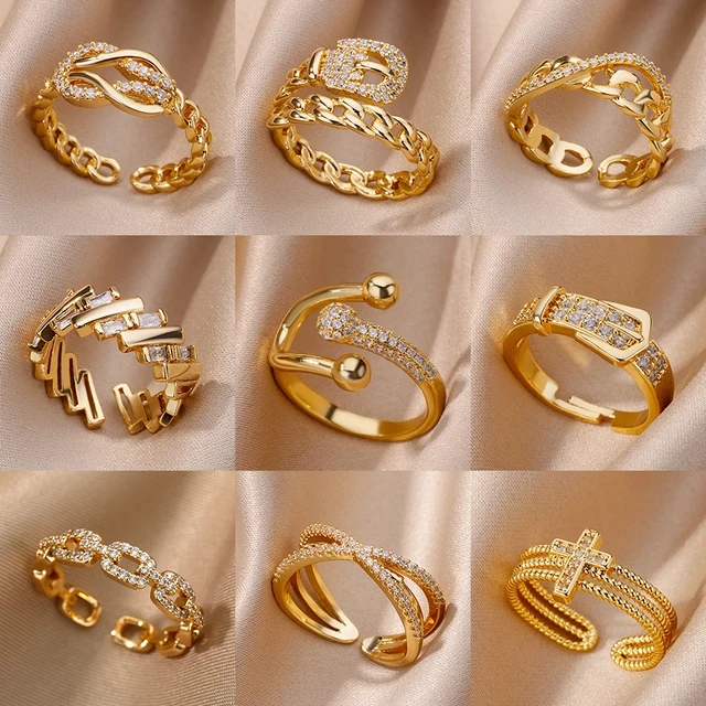 Bagues ajourées en chaîne pour femmes, couleur or, acier inoxydable, Zircon, croix ouverte, tendance, bijoux esthétiques de mariage, cadeau