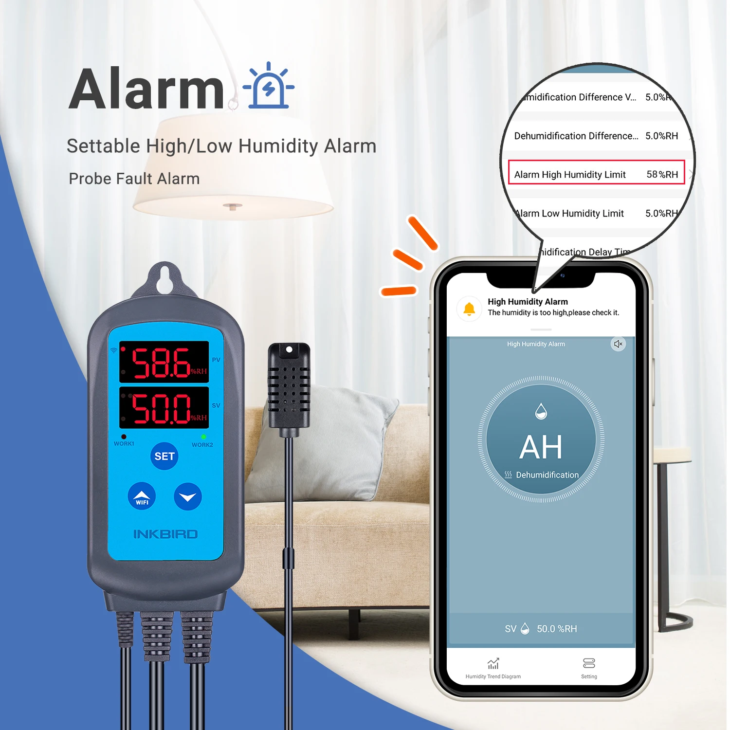 INKBIRD IHC-200-Wifi 습도 컨트롤러 스마트 앱 제어, 듀얼 디지털 디스플레이 습도계 소켓, 높은 낮은 알람