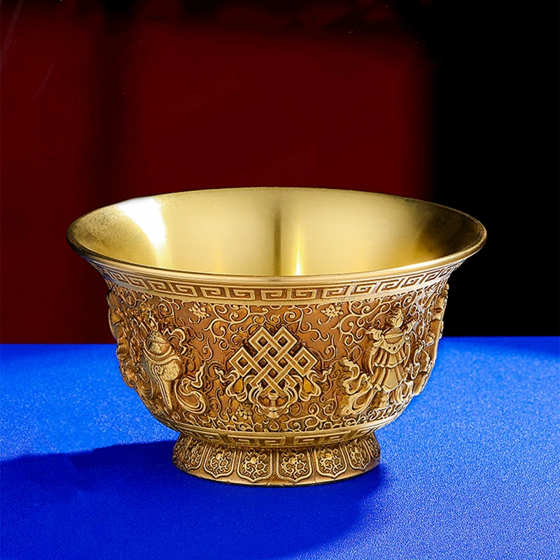Pure Copper Water Supply Cup for Offering Buddha, Tantric Eight Auspicious Symbol Buddhist Decor Water Bowl, Buddhist Supplies 2