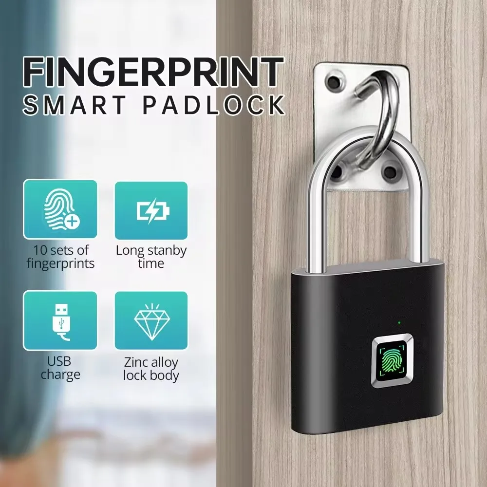 Fingerprint Padlock KERUI Keyless USB Charging Smart Padlock Waterproof Door Lock 0.2sec Unlock Portable Anti-theft Zinc