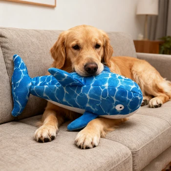 Giocattoli interattivi di peluche per animali domestici, giocattolo da cartone animato compagno da masticare stridulo e resistente ai morsi, a forma di balena, adatto per cani di taglia grande, medi e di piccola taglia, adatto per gatti e cani, materiale a doppio strato, airbag integrato per la lavorazione del suono