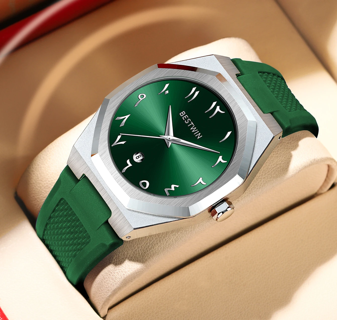 BESTWIN Fashion Luxury Arabic Men's Quartz Watch Business Casual Silicone Strap Mens Wristwatch Family Friends Birthday Gifts