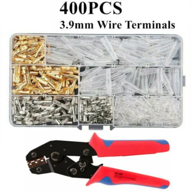 400PCS 3.9mm Motorcycle Car Bullet Connectors Male Female, Brass Bullet Terminal + Insulation Sleeve, Crimp Terminal Pliers kit