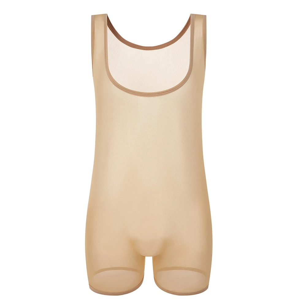 Men's Soft Bodysuit Shiny Silk Underwear Round Neck Sleeveless Sports Running Yoga Swimsuit Ultra-thin Mesh Gay Erotic Lingerie
