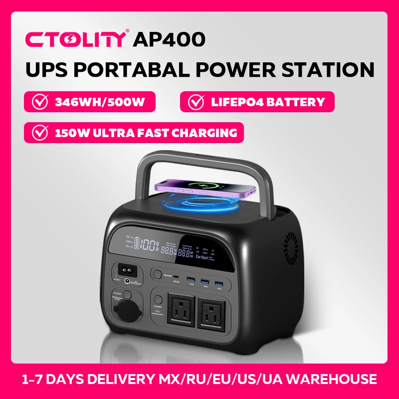 CTOLITY เครื่องกำเนิดไฟฟ้าพลังงานแสงอาทิตย์ AP400 สถานีพลังงานแบบพกพา UPS 346 วัตต์ชั่วโมง แบตเตอรี่ LiFePO4 500 วัตต์ ชาร์จไร้สายได้ 3,000 รอบ ชาร์จเร็วพิเศษ 150 วัตต์ 1