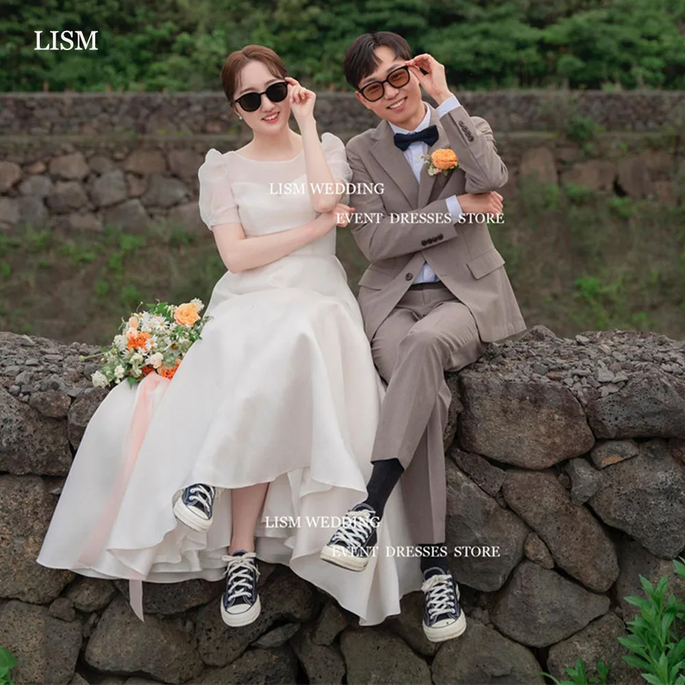 

LISM Simple Korea A-Line Wedding Dresses Photo Shoot Organza O-Neck Short Sleeves Floor Length Bridal Gowns Vestidos de noiva