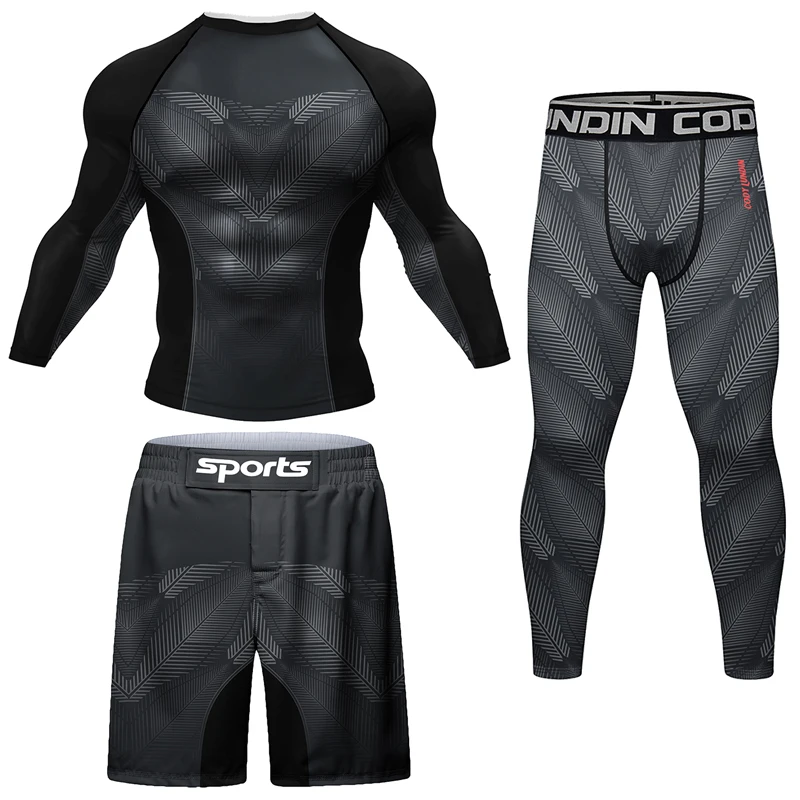 New Boxing Rashguard MMA T-shirt+Shorts For Men 4PCS/Set Black Grappling Bjj Rash Guard Jiu Jitsu T-shirts Sport Tights Clothing 2