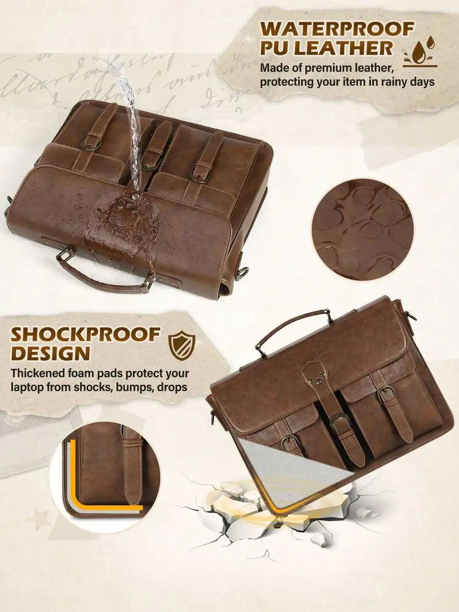 💼 Never Worry About Rain Again: 15.6" Vintage Leather Messenger Bag – Waterproof Laptop Briefcase for Men | Spacious Satchel & Computer Shoulder Bag for Work, College & Business Trip 4